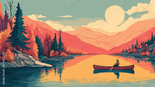 Man Canoeing Recreation in Nature Vector Illustration Isolated