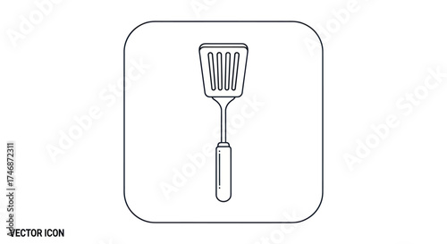 Simple Line Art Icon of a Slotted Spatula Kitchen Utensil.