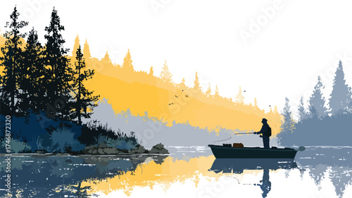 Man Fishing on Nautical Vessel in Nature Vector with Outline