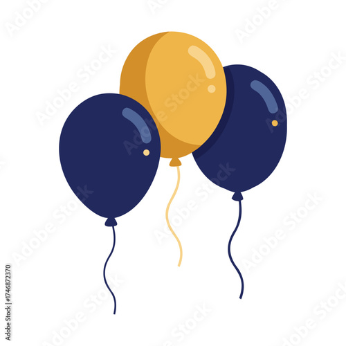 Three festive balloons dark blue and gold celebration party decorations
