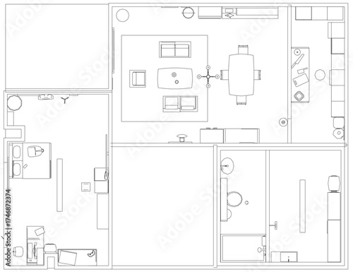 A house blueprint displays interior layout with kitchen centrally positioned between living and bedroom areas. Furniture placement and room dimensions are clearly indicated in contour line style.