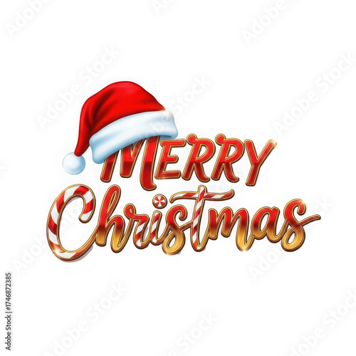 Festive merry christmas text with santa hat and candy cane design on a plain backdrop