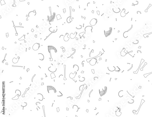 Animated skeleton bones explode outward in a dynamic contour drawing. The black and white illustration features an artistic arrangement of bones on a clean white background.