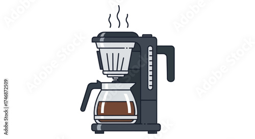 Black Drip Coffee Maker with Steaming Hot Coffee in Glass Carafe.