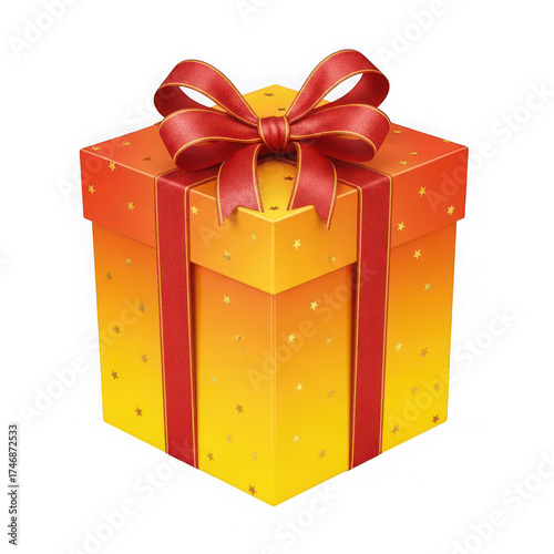 Festive orange and yellow gift box with red ribbon and sparkles
