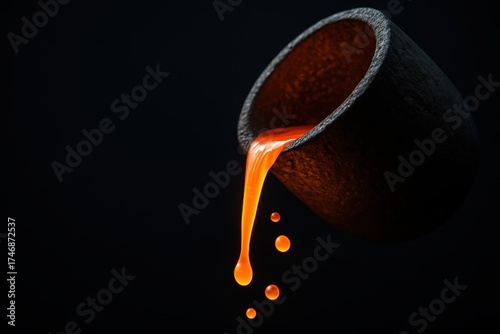 Molten metal glowing orange as it flows from crucible, isolated on dark background in dramatic lighting.
