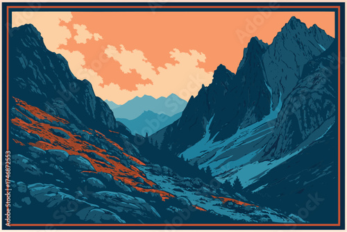  mountains, sunset, landscape, rocky, blue, orange, black background