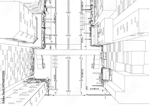 Detailed architectural drawing of a building interior with numerous windows, presented in black and white contour lines. This city street scene highlights structural framework and intricate. Top view