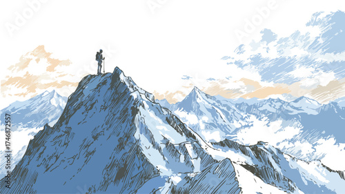 Man Mountain Peak Adventure Outdoors Travel Vector with Outlines