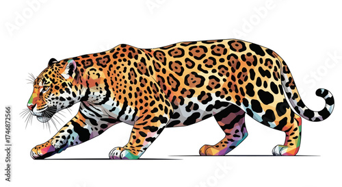 Majestic Jaguar with Distinctive Spotted Coat Walking Forward.