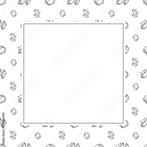sausage frame. doodle grill sausage square frame. hand drawn sausage frame background. grill sausage background
