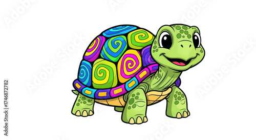 A friendly smiling cartoon turtle with a vibrant multi-colored shell featuring spiral patterns.