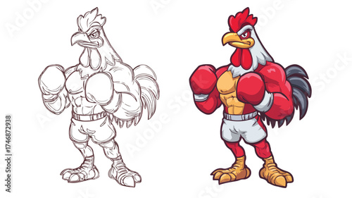 Muscular Rooster Boxer Cartoon Character Vector Illustration