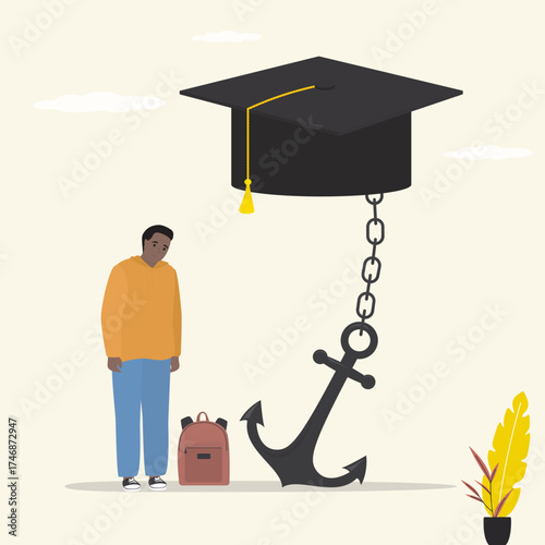 Burden of educational costs that hinders career success. Graduation cap chained to giant anchor. Student loan debt, expensive cost for education. Unhappy african american student
