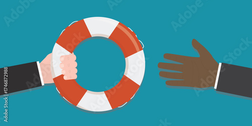 Human hand give lifebuoy. Insurance, emergency service. Symbol of help or support for survival. Closeup view. Lifebuoy on blue background, top view. Red life preserver for needy.