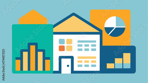 A graphic representation of a mortgage calculator with input fields and simplified charts emphasizing financial planning for home buyers.