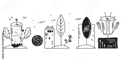 Vector art of zero waste concept with recycling and sustainable lifestyle in doodle style