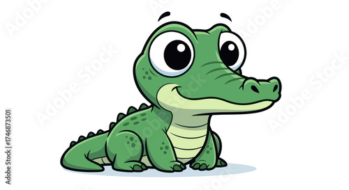 Adorable cartoon baby alligator with big eyes and a friendly smile.
