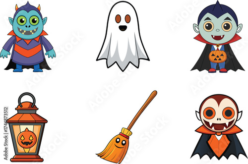 cute halloween monster characters set vector illustration
