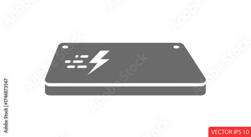 Gray Rectangular Electronic Device with Lightning Bolt Symbol.