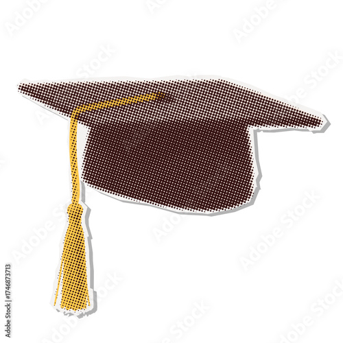 Halftone collage sticker graduation cap with a tassel. The hat is illustrated using a dotted pattern, giving it a vintage look. Vector