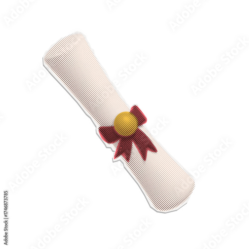 Halftone effect sticker of student paper diploma with red bow. Education graduation congratulation banner. Celebrate class of 2026, cool art design. Vector