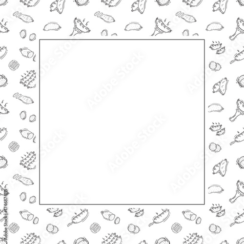 sausage frame. doodle grill sausage square frame. hand drawn sausage frame background. grill sausage background