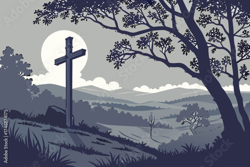  A dramatic landscape at dusk, a wooden cross silhouetted against the darkening sky, trees and hills in the distance, ethereal lighting, atmospheric, moody, detailed, cinematic
