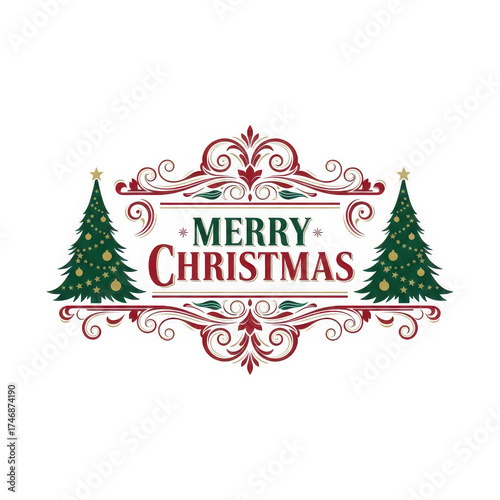 Festive merry christmas text overlay with ornate border and decorated trees holiday greeting