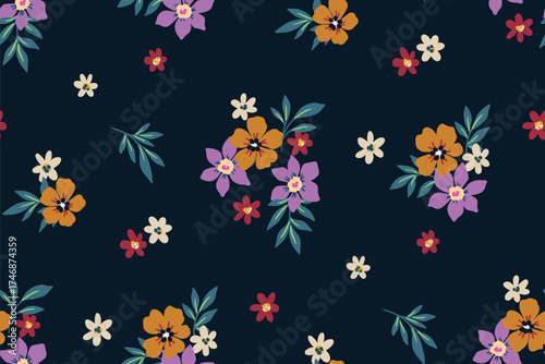 Seamless floral pattern, liberty ditsy print in a cute kids motif. Pretty botanical design of small hand drawn multicolored flowers, tiny leaves, simple bouquets on dark. Vector illustration.