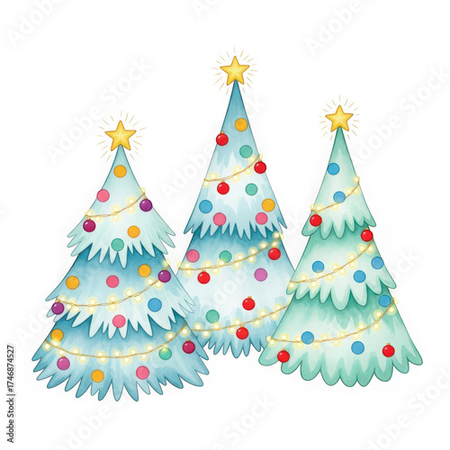 Festive winter scene with three decorated christmas trees and twinkling lights
