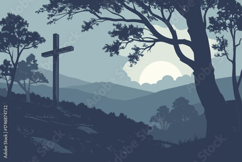  A dramatic landscape at dusk, a wooden cross silhouetted against the darkening sky, trees and hills in the distance, ethereal lighting, atmospheric, moody, detailed, cinematic