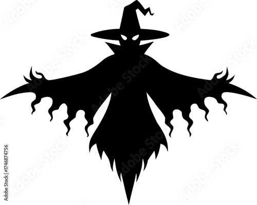 Flying witch silhouette with jagged cloak and spooky hat, Halloween vector design