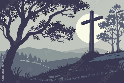  A dramatic landscape at dusk, a wooden cross silhouetted against the darkening sky, trees and hills in the distance, ethereal lighting, atmospheric, moody, detailed, cinematic