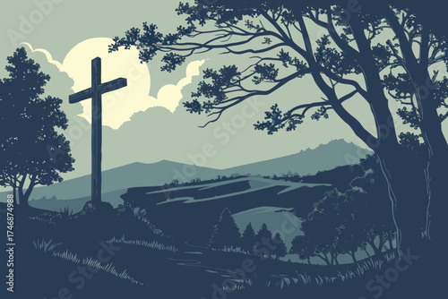  A dramatic landscape at dusk, a wooden cross silhouetted against the darkening sky, trees and hills in the distance, ethereal lighting, atmospheric, moody, detailed, cinematic