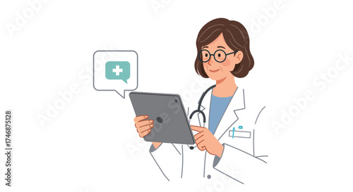 Caring doctor using digital tablet for online consultation, offering telemedicine healthcare with modern technology and professional medical assistance