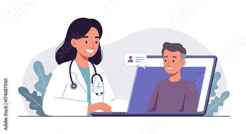Caring female doctor consults with happy male patient via telehealth on laptop, offering modern medicine and compassionate healthcare from a distance today
