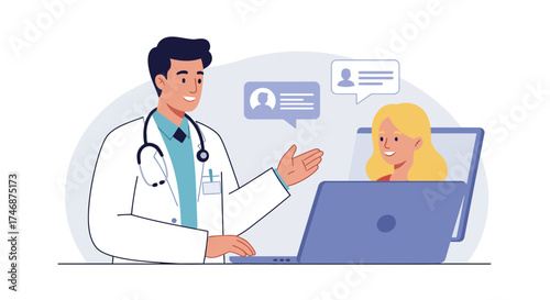 Caring doctor consults with smiling patient via telehealth appointment on laptop, offering modern healthcare solutions and promoting wellness in a digital age