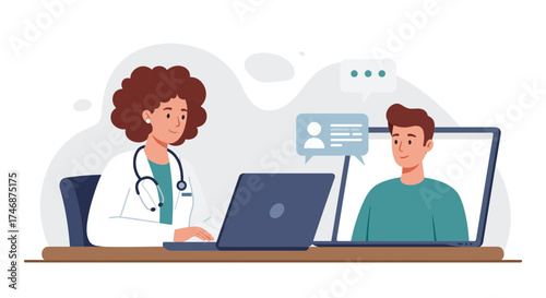 Caring doctor offering telehealth consultation to patient via laptop, providing convenient online healthcare and medical advice from the comfort of home