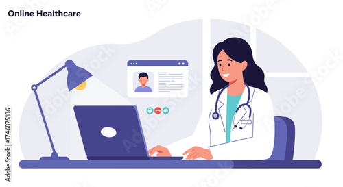 Friendly female doctor provides telemedicine services, connecting with patients through modern video call technology from her office desk for convenient healthcare