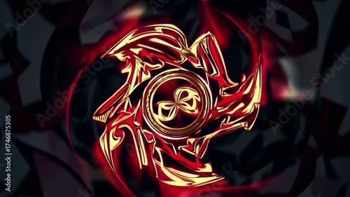 Abstract Golden Spinner: A striking abstract design features a golden, metallic spinner motif with intricate details, glowing with a fiery red aura against a dark, patterned background.