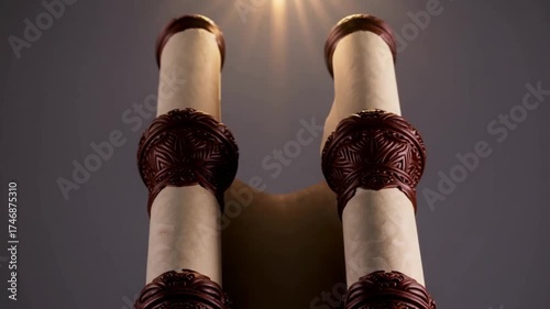 Ancient Scroll: A close-up view reveals a meticulously preserved ancient scroll, its aged parchment and intricate details tell stories of times long past, illuminated by soft light.