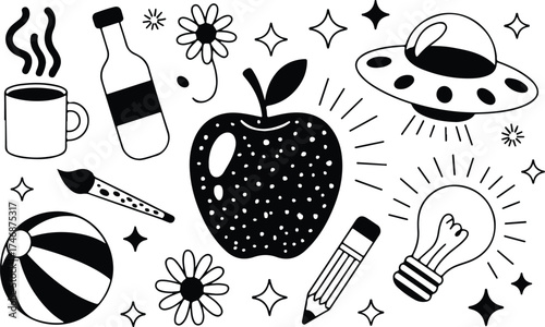 A collection of handdrawn black and white doodle elements including a coffee mug, bottle, apple, paintbrush, beach ball, flowers, lightbulb, pencil, and a ufo, isolated on a transparent background