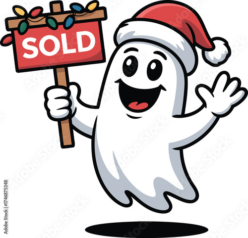 Enthusiastic Christmas Ghost Real Estate Agent Holding Sold Sign	
