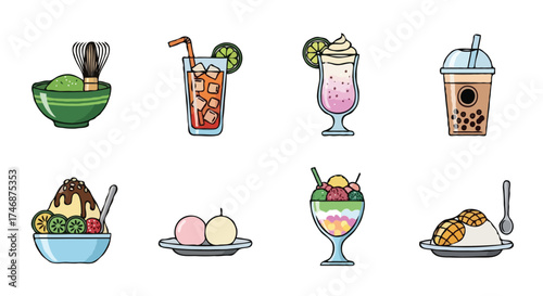 Vector art of collection of asian dessert and drink, matcha, boba, mango sticky rice, smoothies, juice