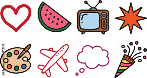 Assortment of colorful and outlined icons representing various concepts like love, food, entertainment, art, travel, and celebration, isolated on a transparent background