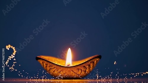 Burning Oil Lamp: A softly lit oil lamp casts a warm, inviting glow against a serene background, a symbol of hope and enlightenment, the flickering flame dances.