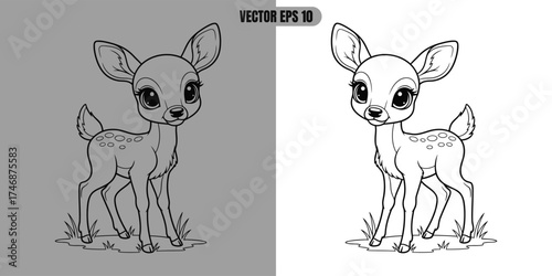 Cute cartoon baby deer standing in grass, line art illustration