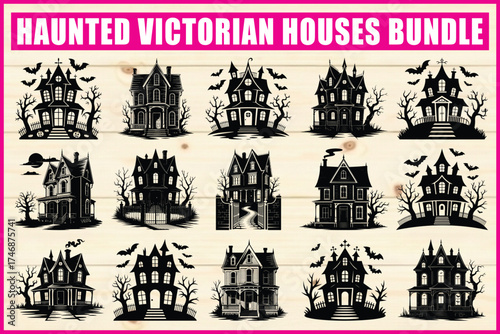 Spooky Victorian haunted houses and bats silhouette bundle