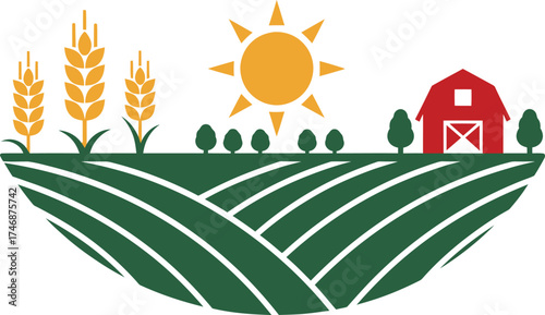 Agricultural farm landscape vector illustration, rural countryside with red barn and wheat fields, sunny farmland scene for organic food branding